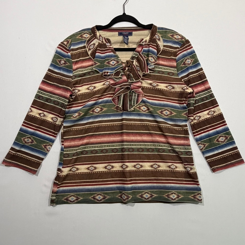 Chaps Denim Top XL Southwestern Brown Striped Mesh Shirt Western Cowgirl